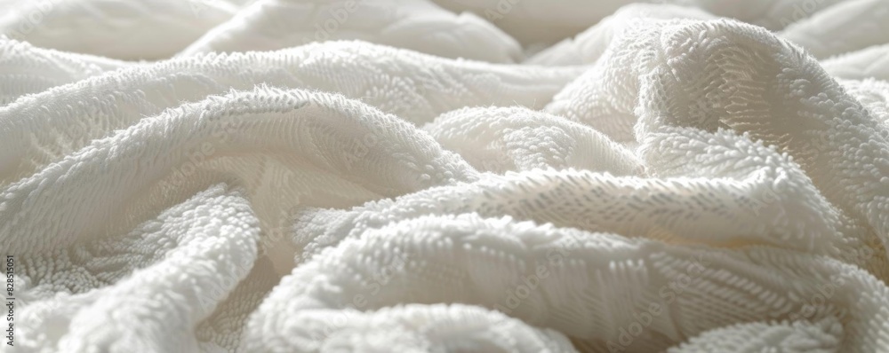 A close-up image of a white towel texture, showcasing soft folds and wrinkles. The fabric has a fluffy, textured surface that creates a sense of comfort and luxury. The image is perfect for projects A close-up image of a white towel texture, showcasing soft folds and wrinkles. The fabric has a fluffy, textured surface that creates a sense of comfort and luxury. The image is perfect for projects