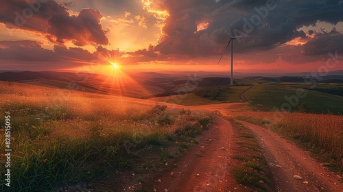 A wind turbine installation on a scenic hillside with a dramatic sunset photo
