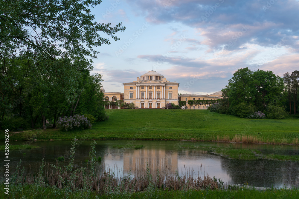 View of the Summer Palace of Emperor Paul I in Pavlovsky park from the Slavyanka River on a sunny summer day, Pavlovsk, Saint Petersburg, Russia