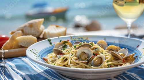 spaghetti con le vongole dish on a set table set against a background on a mediteranean  beach sunny day