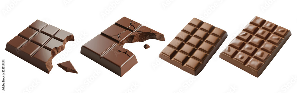 Set of four chocolate bars, some with bites taken out, isolated on a transparent background. Confectionery and sweets concept Set of four chocolate bars, some with bites taken out, isolated on a transparent background. Confectionery and sweets concept