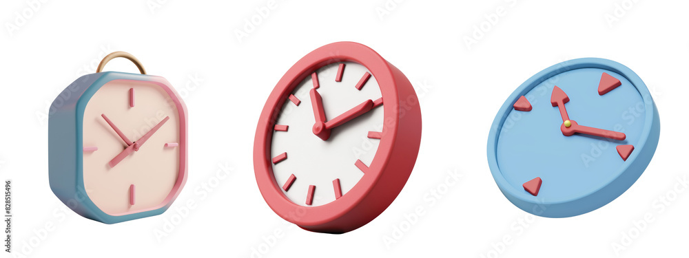 Set of three colorful modern wall clocks isolated on a transparent background. Timekeeping and punctuality concept Set of three colorful modern wall clocks isolated on a transparent background. Timekeeping and punctuality concept