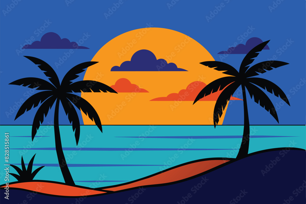 Evening on the beach with palm trees. An evening on the beach with palm trees. Colorful picture for rest. Blue palm trees at sunset. Orange sunset in the blue sky