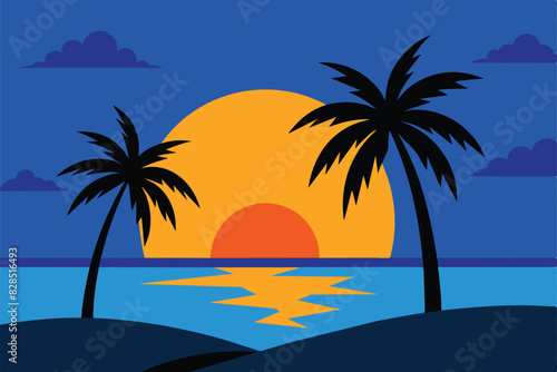 Evening on the beach with palm trees. An evening on the beach with palm trees. Colorful picture for rest. Blue palm trees at sunset. Orange sunset in the blue sky