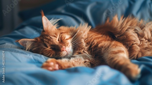 A charming Maine coon cat with orange fur dozing on a blue bedspread photo