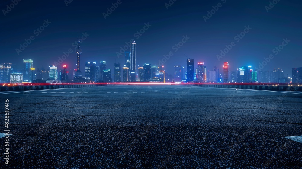 Beijing urban cityscape skyline night scene with empty asphalt floor on front 