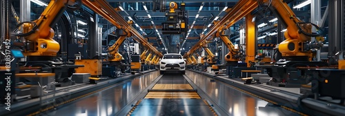 A wide shot of the car factory with robotic arms working on various stages of EV production, emphasizing advanced manufacturing photo