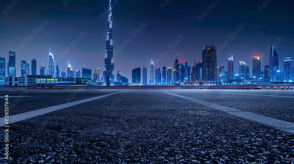 Obraz premium Dubai urban cityscape skyline night scene with empty asphalt floor on front