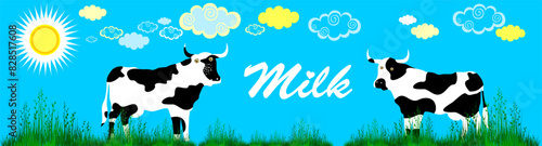 Vector cute cow in kawaii style.  Landscape with cows. Horizontal banner.  Vector Illustration 