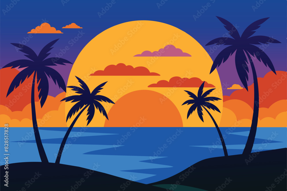 Evening on the beach with palm trees. An evening on the beach with palm trees. Colorful picture for rest. Blue palm trees at sunset. Orange sunset in the blue sky