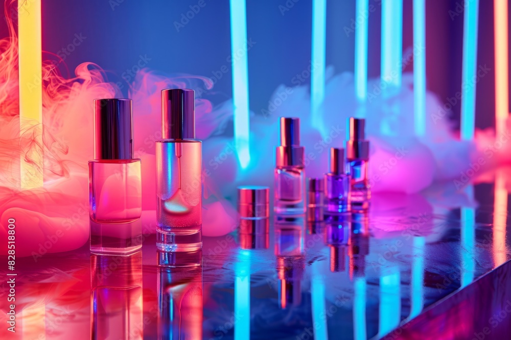 Presentation of cosmetics against a background of neon lights Presentation of cosmetics against a background of neon lights