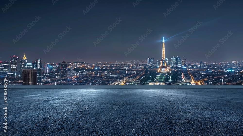 Fototapeta premium Paris urban cityscape skyline night scene with empty asphalt floor on front 