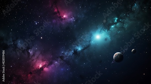 outer space, showing stars, planets, and colorful nebulae