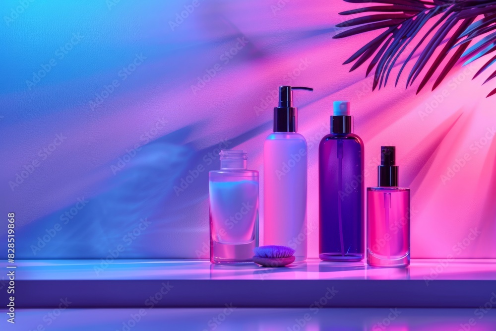 Presentation of cosmetics against a background of neon lights Presentation of cosmetics against a background of neon lights