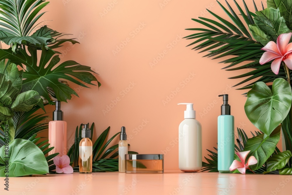 Cosmetics make-up advertising background with green leaves Cosmetics make-up advertising background with green leaves