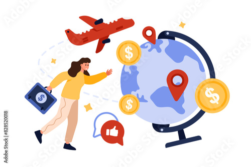 Work or study abroad, international employment program. Tiny woman with suitcase running to receive vacancy in foreign company, plane flying over globe with relocation pins cartoon vector illustration