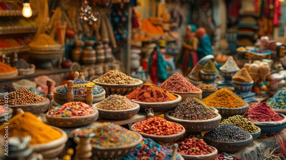 Adventurous exotic travel scene with a vibrant marketplace, colorful spices and fabrics, and the lively hustle and bustle of local culture Adventurous exotic travel scene with a vibrant marketplace, colorful spices and fabrics, and the lively hustle and bustle of local culture
