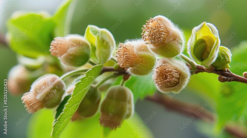 Close up photography of male Actinidia flower buds on Kiwi tree branches Close up photography of male Actinidia flower buds on Kiwi tree branches
