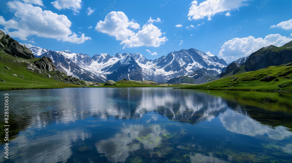 Alpine Vista: Snow Capped Peaks and Crystal Clear Mountain Lake Alpine Vista: Snow Capped Peaks and Crystal Clear Mountain Lake