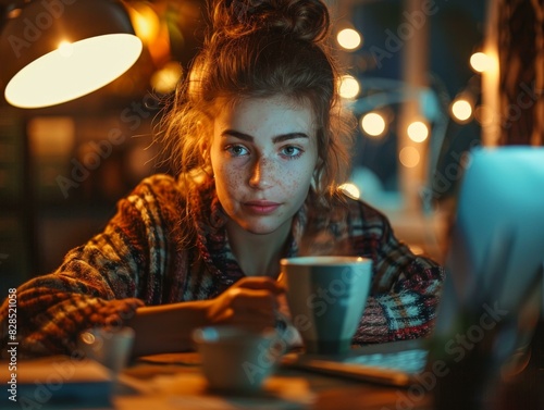 Focused Woman Working on Laptop at Night in Cozy Home Office