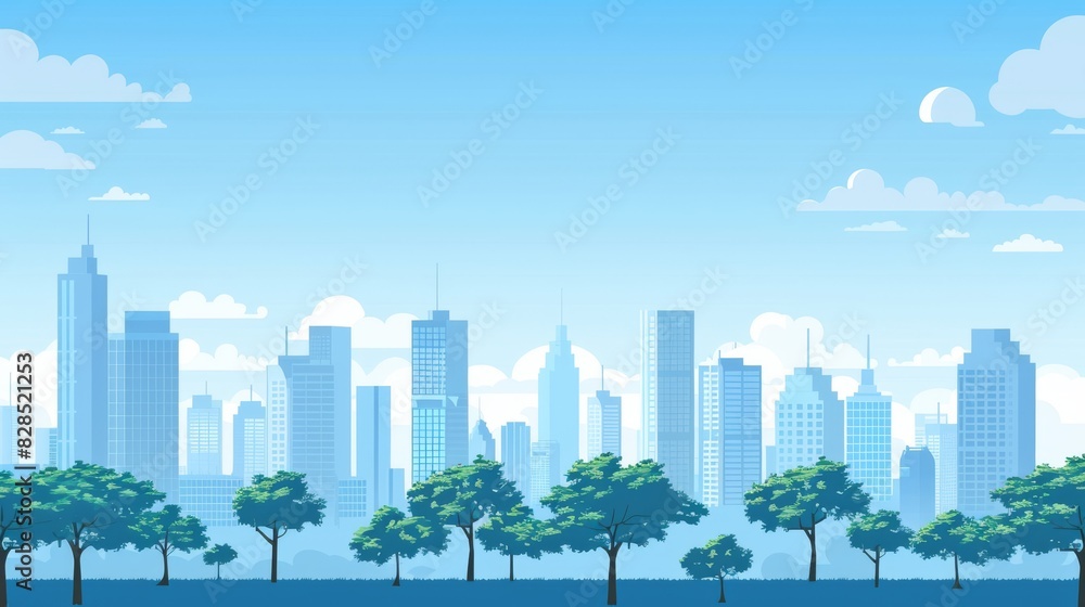 Fototapeta premium Light blue cityscape background. City buildings and trees at park view. Monochrome urban landscape with clouds in the sky. Modern architectural flat style vector illustration. 