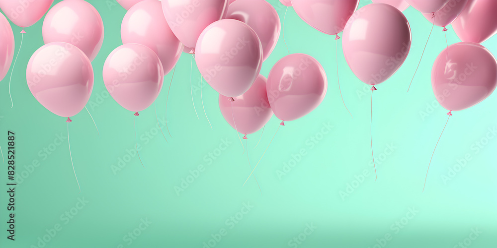 Abstract 3d illustration with pink balloons on pastel green background