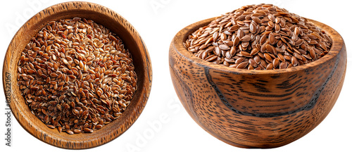 Flaxseeds in a wooden bowl, isolated on a transparent background