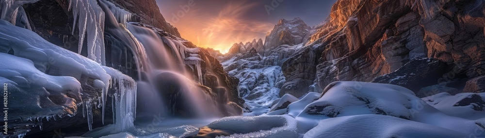 Sunset over a snowy mountain landscape with flowing waterfalls and icy formations. Stunning natural scenery in winter.