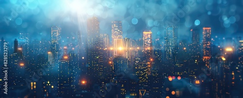 cityscape banner of a night sky and skyline lights with golden and blue colors