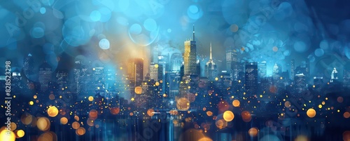 cityscape banner of a night sky and skyline lights with golden and blue colors photo