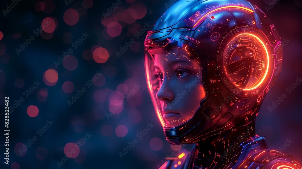 A captivating and futuristic graphic featuring a young humanoid robot with a sleek helmet adorned with glowing neon circuitry in red and blue A captivating and futuristic graphic featuring a young humanoid robot with a sleek helmet adorned with glowing neon circuitry in red and blue