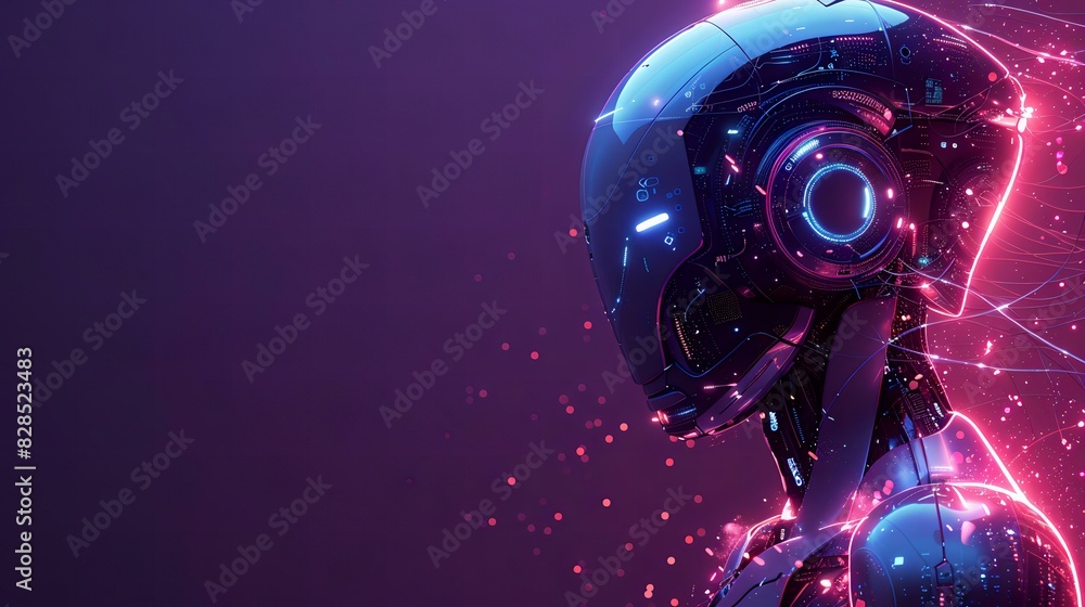 Fototapeta premium A stunning and futuristic graphic depicting a humanoid robot with a sleek, aerodynamic design. The robot is adorned with glowing neon lights in shades of pink and blue