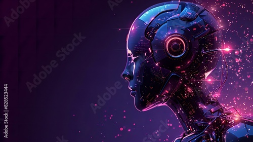 A mesmerizing and futuristic graphic depicting a humanoid robot in profile, with a sleek design illuminated by vibrant neon lights in shades of pink and purple