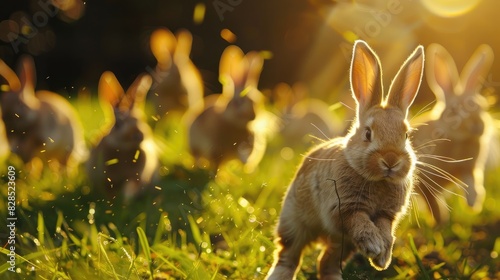 Rabbits frolicking inside their farm enclosure photo