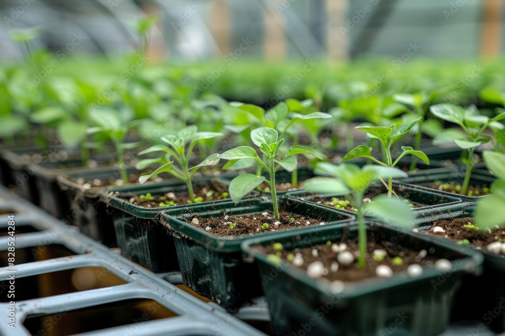 green seedlings in trays in the greenhouse green seedlings in trays in the greenhouse