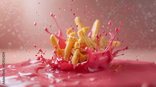 Chips falling and splashing on pink liquid