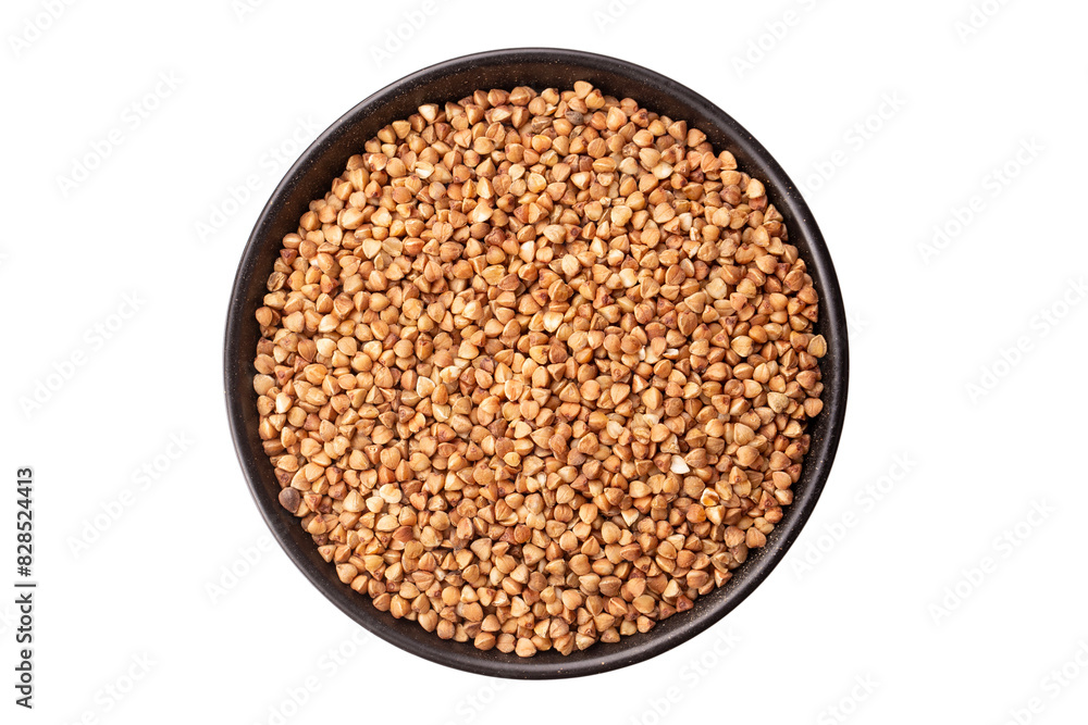 Green buckwheat grain in clay bowl isolated on white background, top view. File contains clipping path. Green buckwheat grain in clay bowl isolated on white background, top view. File contains clipping path.