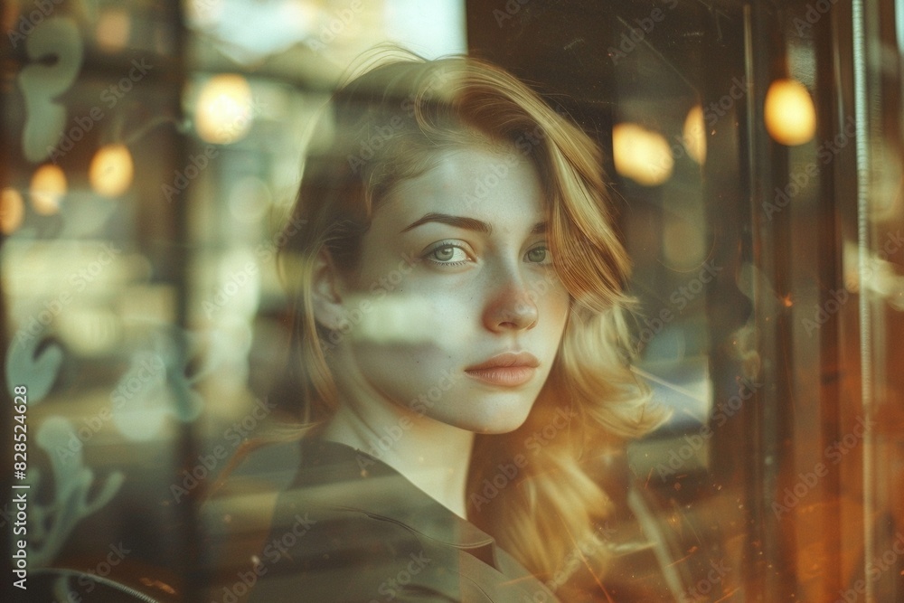 A soft focus close-up portrait of a stunning business woman, bathed in romantic, warm light filtering through glass with blurred bokeh and subtle light leaks. A soft focus close-up portrait of a stunning business woman, bathed in romantic, warm light filtering through glass with blurred bokeh and subtle light leaks.