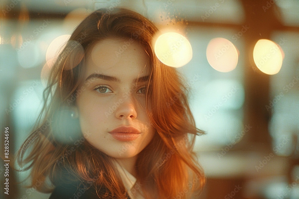 A soft focus close-up portrait of a stunning business woman, bathed in romantic, warm light filtering through glass with blurred bokeh and subtle light leaks. A soft focus close-up portrait of a stunning business woman, bathed in romantic, warm light filtering through glass with blurred bokeh and subtle light leaks.