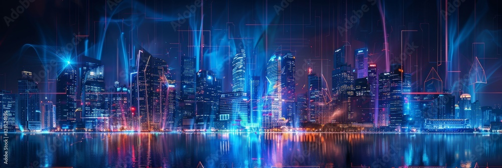 Fototapeta premium Cityscape on dark blue background with bright glowing neon. Technology city background 