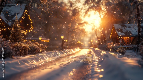 christmas wallpaper of a snowy road in a village with a nice sunshine