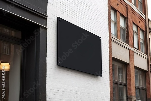 Blank black glass signplate on textured wall mockup,
wall poster mockup design, photo