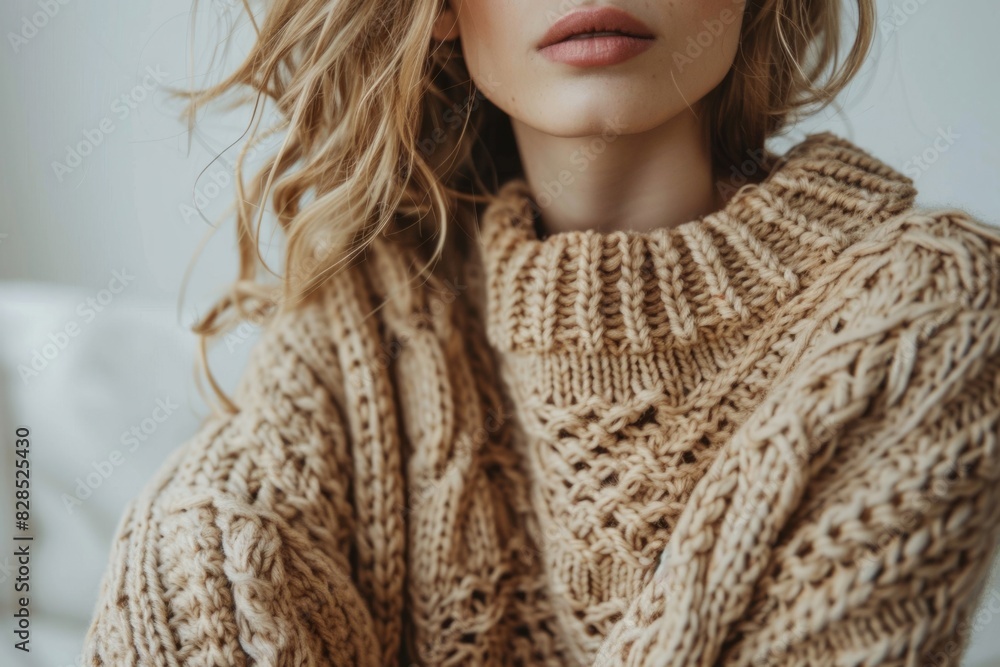 Woman wear homemade knitted sweater Woman wear homemade knitted sweater