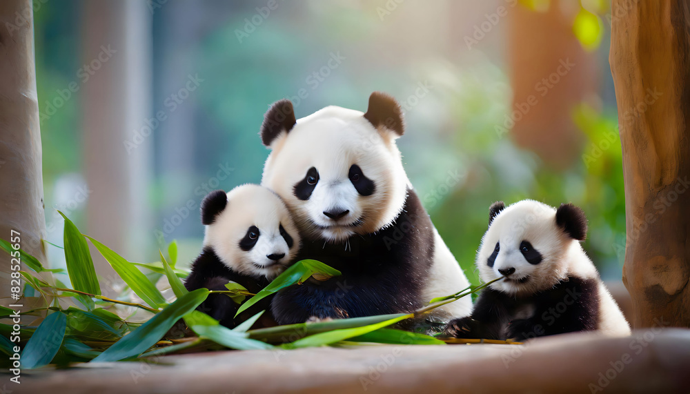Obraz premium パンダの親子が笹を食べようとしている様子