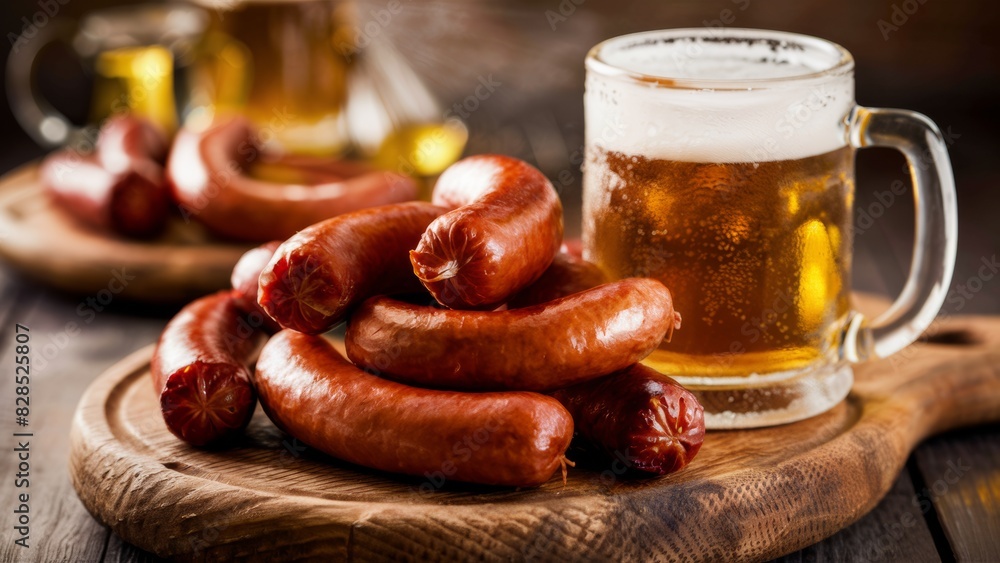 A wooden cutting board with a pile of sausages and beer, AI A wooden cutting board with a pile of sausages and beer, AI