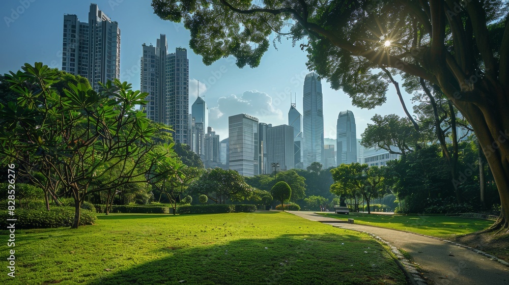 Public park and high-rise buildings cityscape in metropolis city center . Green environment city and downtown business district in panoramic view . Public park and high-rise buildings cityscape in metropolis city center . Green environment city and downtown business district in panoramic view .