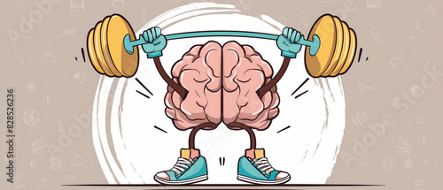 Mental Health: Cartoon brain lifting a bell for strong mental health, ai generated