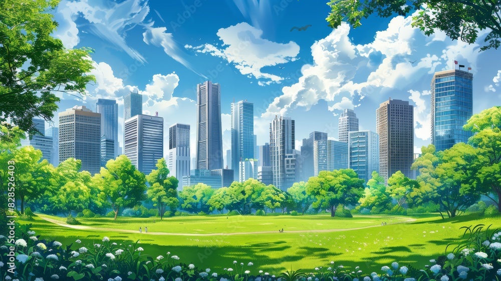 Fototapeta premium Public park and high-rise buildings cityscape in metropolis city center . Green environment city and downtown business district in panoramic view . 