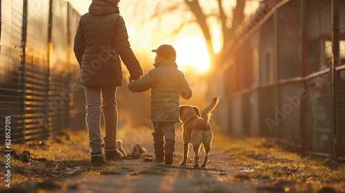 Parents and children volunteering at an animal shelter, walking dogs and caring for animals, everyone involved and compassionate photo