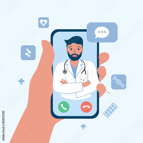 online doctor consultation. doctor man in medical gown on phone screen. Video calls and online treatment